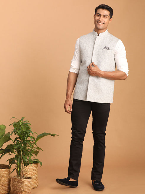 Men's Grey Jacquard Silk Blend Printed Jacket