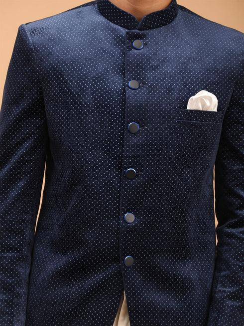 Men's Blue Polka Dot Printed Velvet Jodhpuri