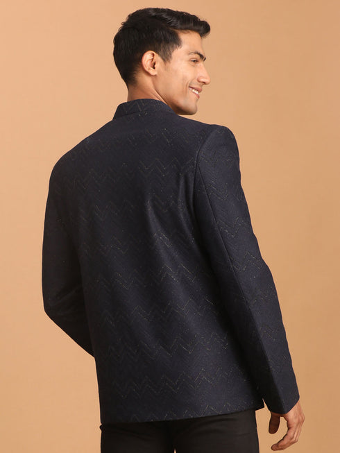 Men's Navy Blue Silk Blend Glitter Zig Zag Jodhpuri