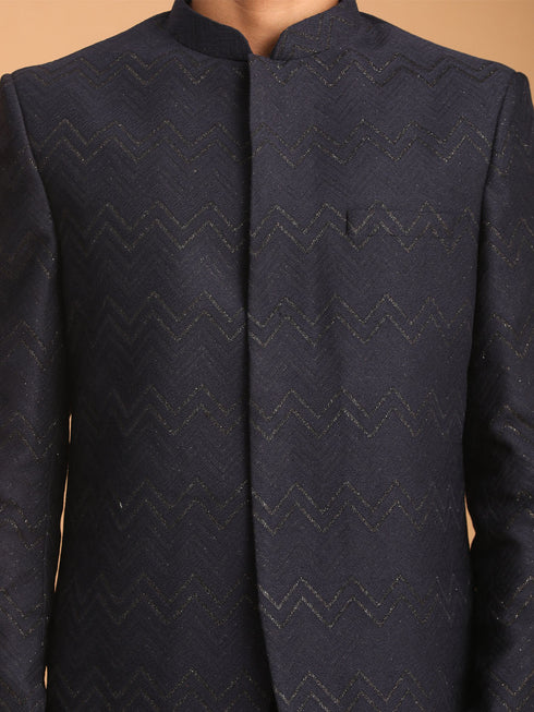 Men's Navy Blue Silk Blend Glitter Zig Zag Jodhpuri