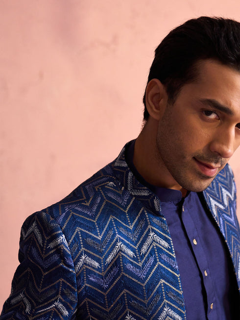 Men's Navy Blue Silk Embroidered Jodhpuri With Curved Kurta Pant Set