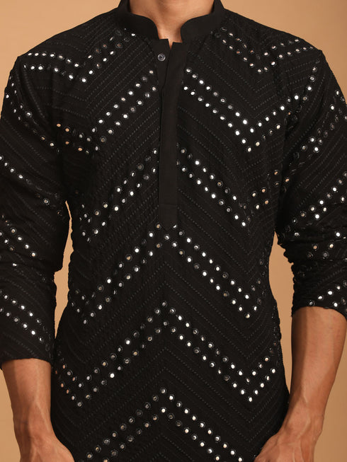 Men's Black Mirror Kurta Patiala And Dupatta Set