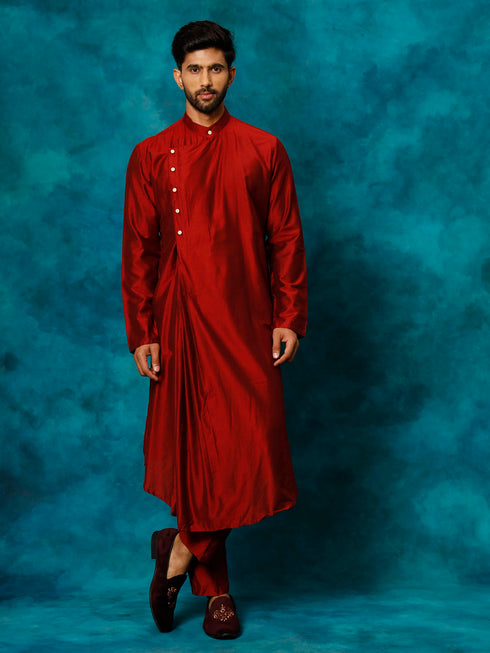 Men's Maroon Pleated Kurta
