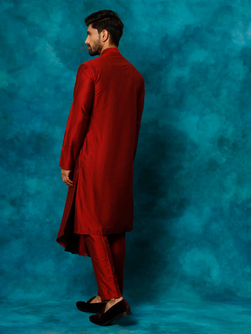 Men's Maroon Pleated Kurta