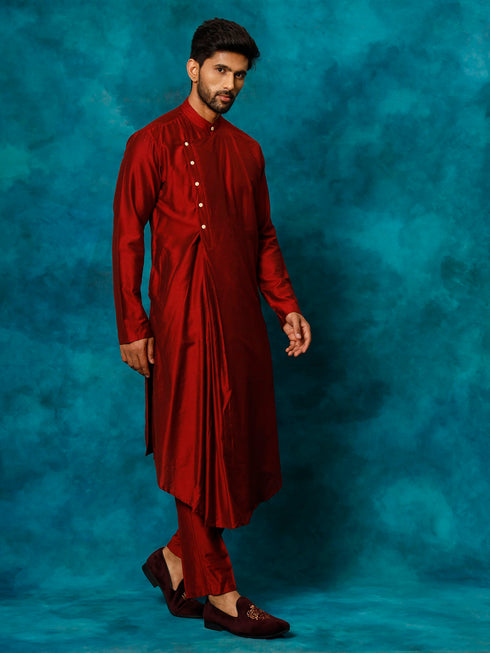 Men's Maroon Pleated Kurta
