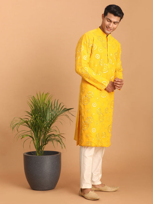 Men's Yellow Embroidered Kurta Pant Set