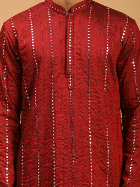Men's Maroon Mirror Kurta With Patiala Set