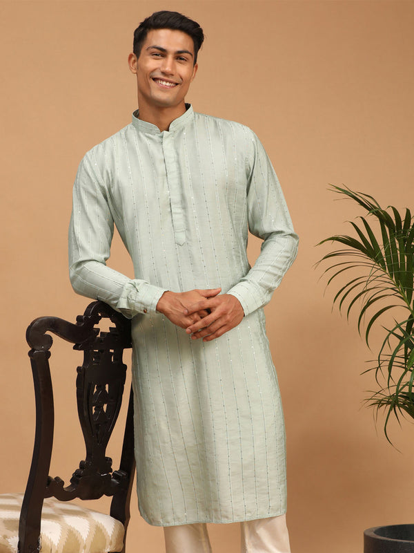 Men's Light Green Sequined Kurta