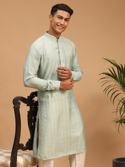 Men's Light Green Sequined Kurta