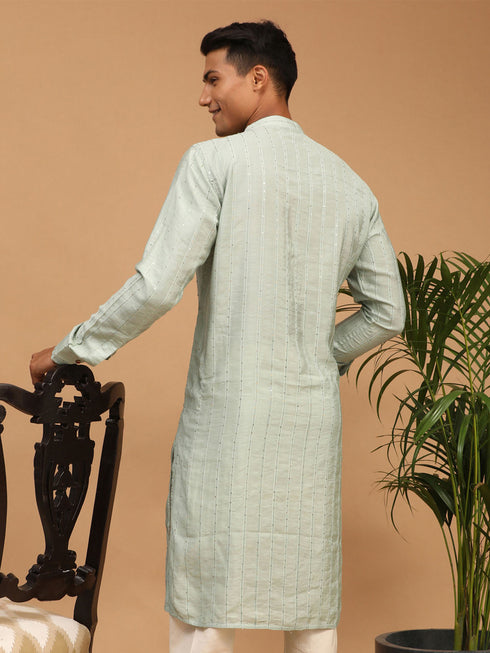 Men's Light Green Sequined Kurta