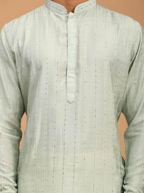 Men's Light Green Sequined Kurta