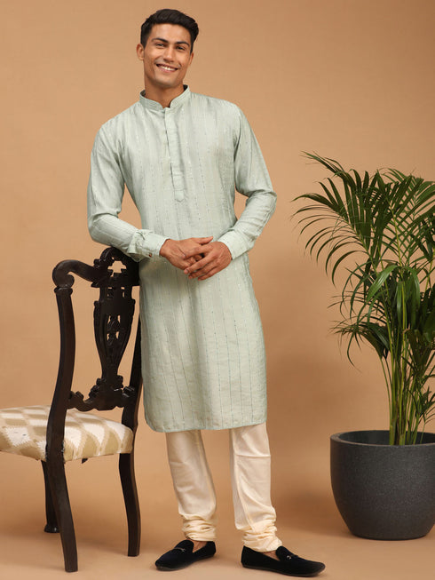 Men's Light Green Sequined Kurta