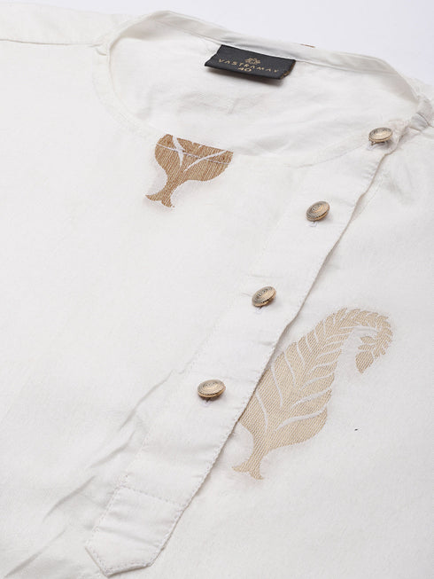 Men's White Golden Weaved Silk Blend Kurta