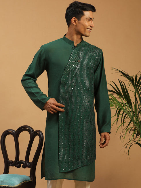 Men's Green Sequined Layered Kurta