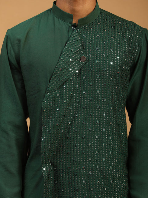 Men's Green Sequined Layered Kurta