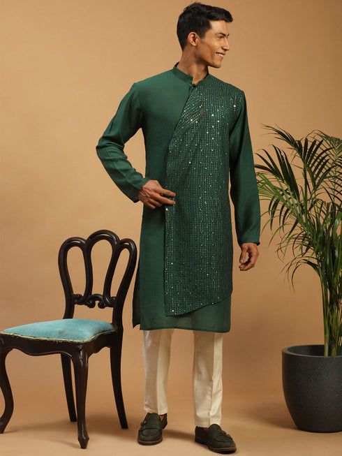 Men's Green Sequined Layered Kurta