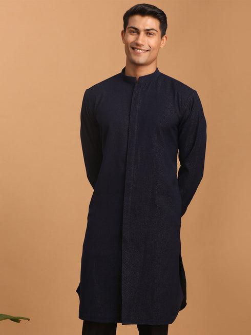 Men's Navy Blue Glitter Printed Fancy Kurta