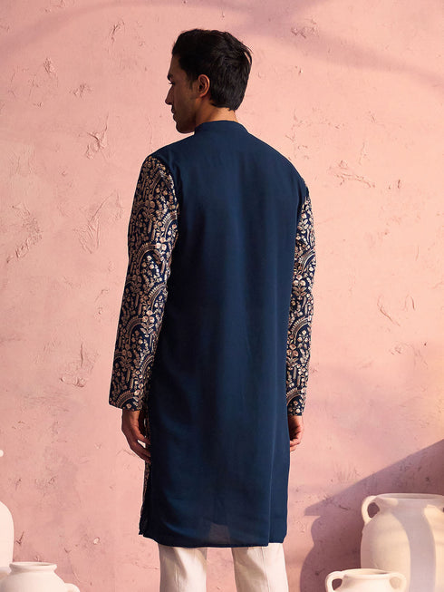 Men's Bottle Green Georgette Embroidered Kurta