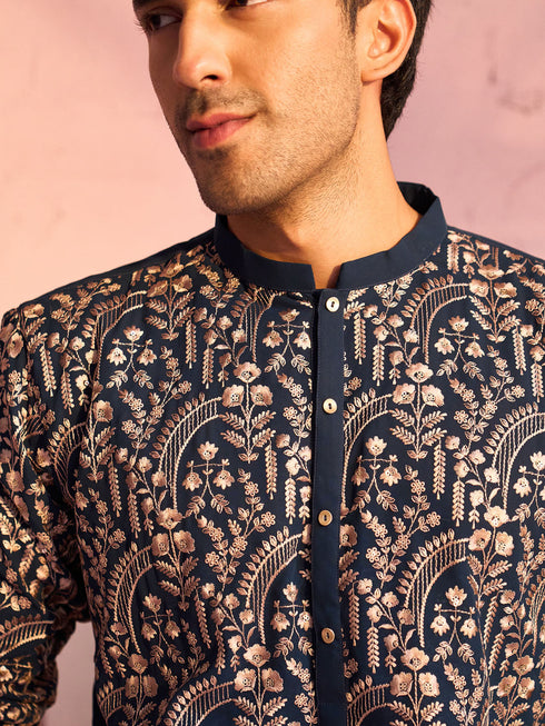 Men's Bottle Green Georgette Embroidered Kurta