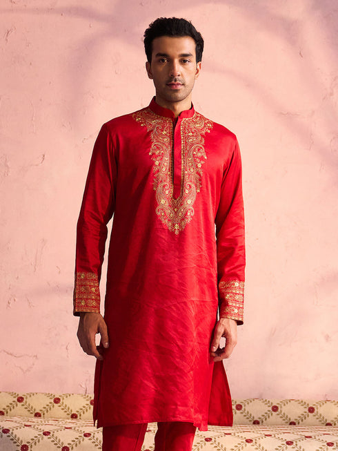 Men's Red Silk Blend Embroidered Ethnic Kurta