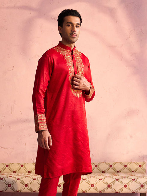Men's Red Silk Blend Embroidered Ethnic Kurta