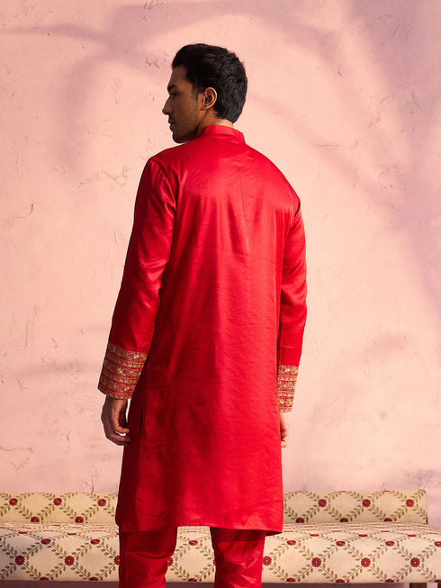 Men's Red Silk Blend Embroidered Ethnic Kurta