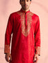 Men's Red Silk Blend Embroidered Ethnic Kurta