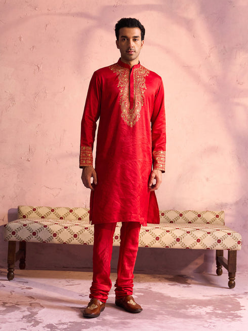 Men's Red Silk Blend Embroidered Ethnic Kurta