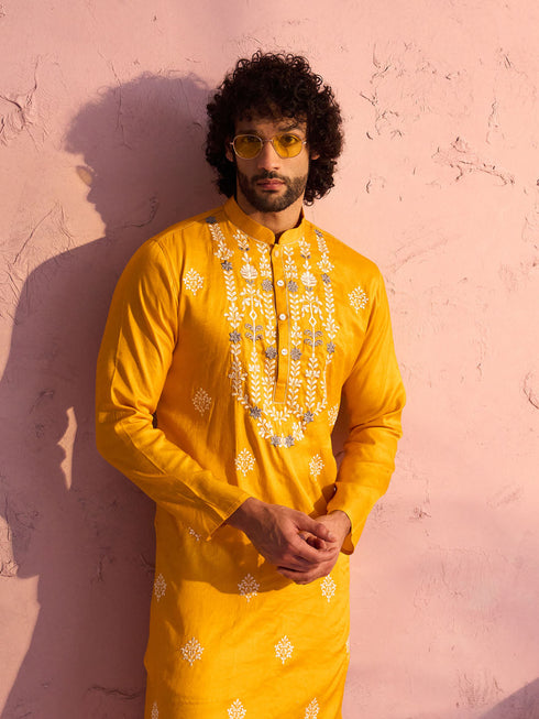 Men's Yellow Embroidered Silk Kurta Pyjama Set
