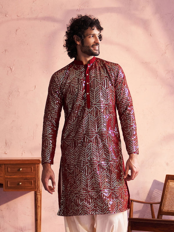 Men's Maroon Georgette Embellished Kurta