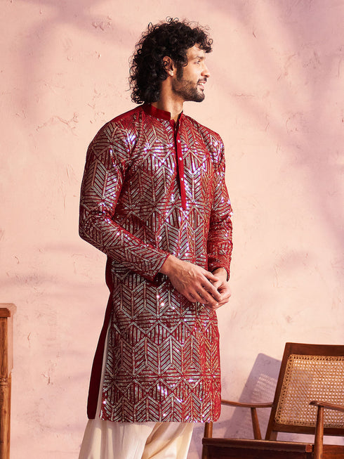 Men's Maroon Georgette Embellished Kurta