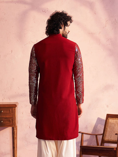 Men's Maroon Georgette Embellished Kurta