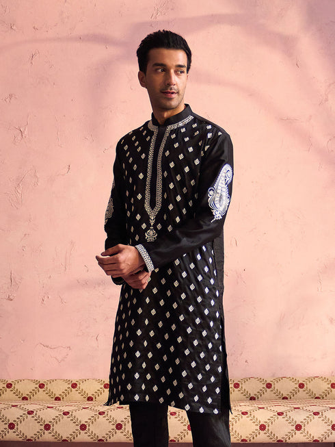 Men's Black Silk Blend Embroidered Ethnic Kurta