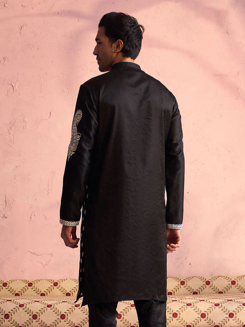 Men's Black Silk Blend Embroidered Ethnic Kurta