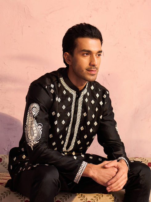 Men's Black Silk Blend Embroidered Ethnic Kurta