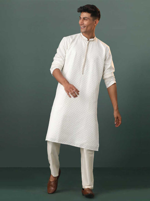 Men's Cream Embroidered Cotton Blend Kurta