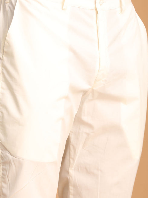 Men's Cream Leaf Printed Pure Cotton Nehru Jacket With Short Kurta And Pant Set