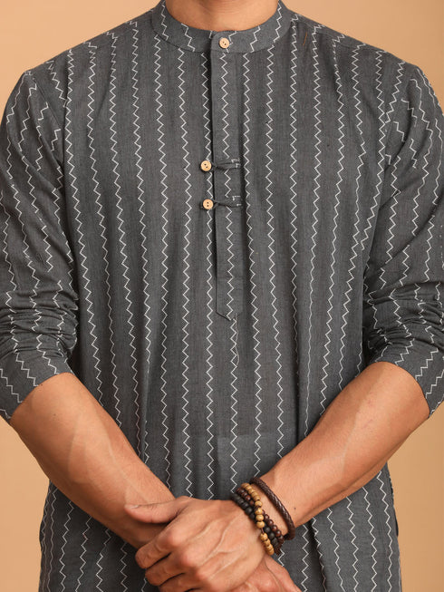 Men's Grey Jacquard Zig Zag Cotton Kurta