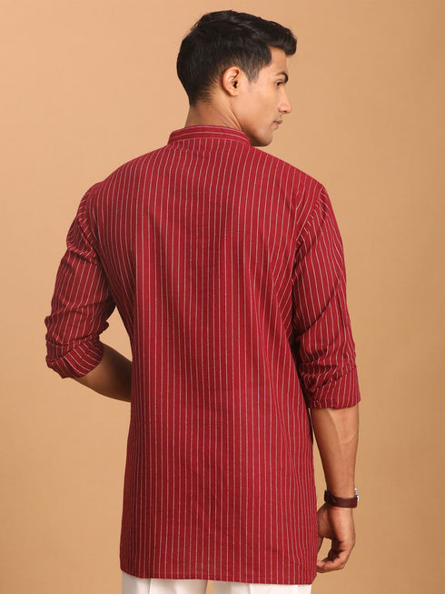 Men's Maroon Striped Cotton Short Kurta