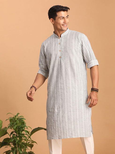 Men's Grey And White Batik Printed Kurta