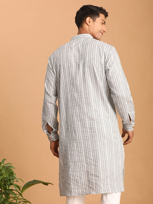 Men's Grey And White Batik Printed Kurta