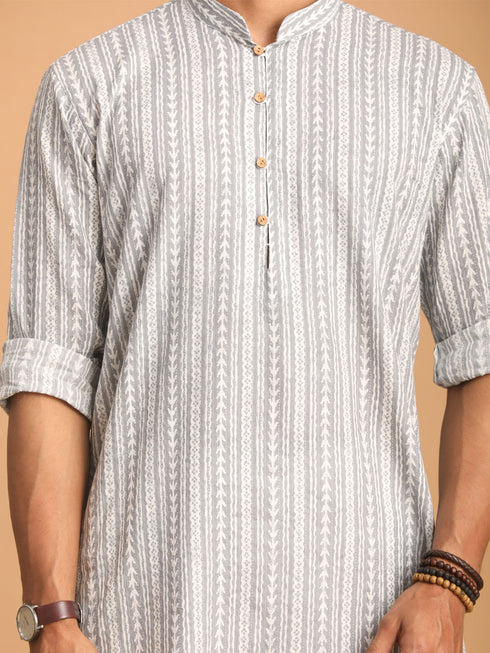Men's Grey And White Batik Printed Kurta