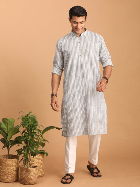Men's Grey And White Batik Printed Kurta