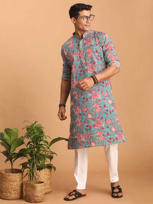 Men's Blue And Red Floral Printed Cotton Kurta