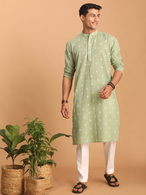 Men's Green Geometric Booti Jacquard Kurta