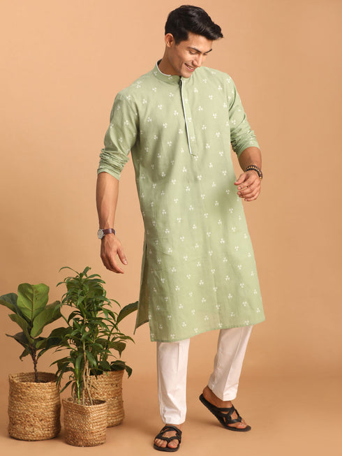 Men's Green Geometric Booti Jacquard Kurta With White Pant Set