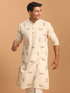 Men's Cream Katha Stich Embroidered Cotton Kurta