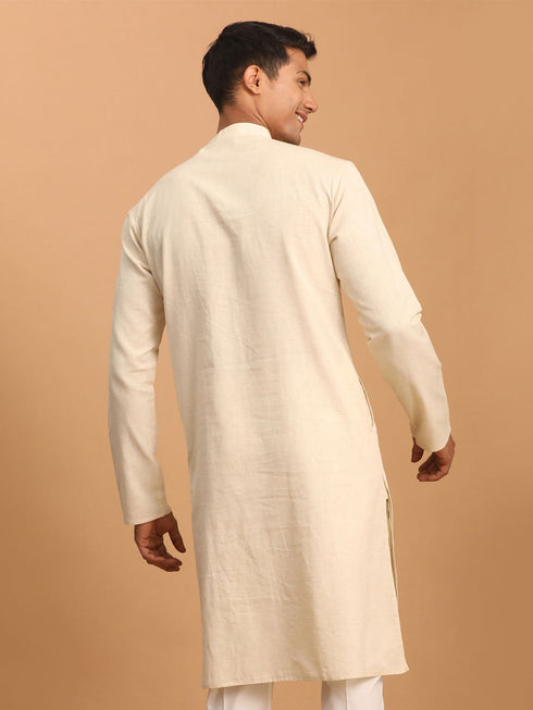 Men's Cream Katha Stich Embroidered Cotton Kurta