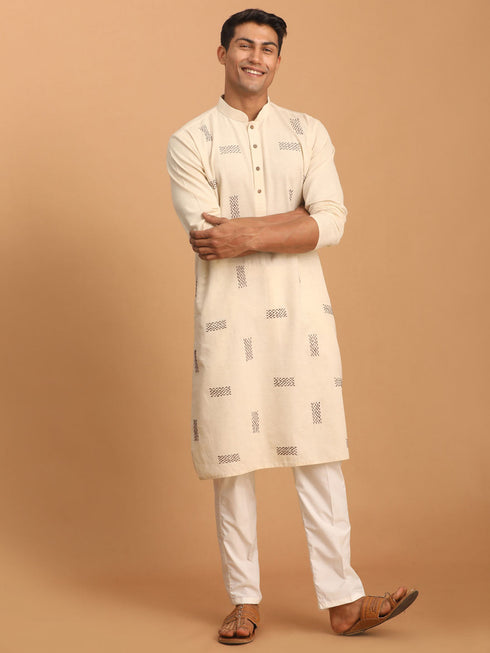 Men's Cream Katha Stich Embroidered Cotton Kurta