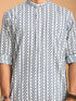 Men's White And Blue Geometrical Striped Printed Curved Kurta